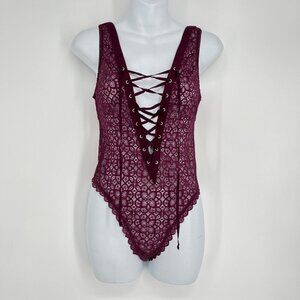 Victorias Secret Lace Burgundy Bodysuit With Lace-Up Front & Scalloped Edges Siz
